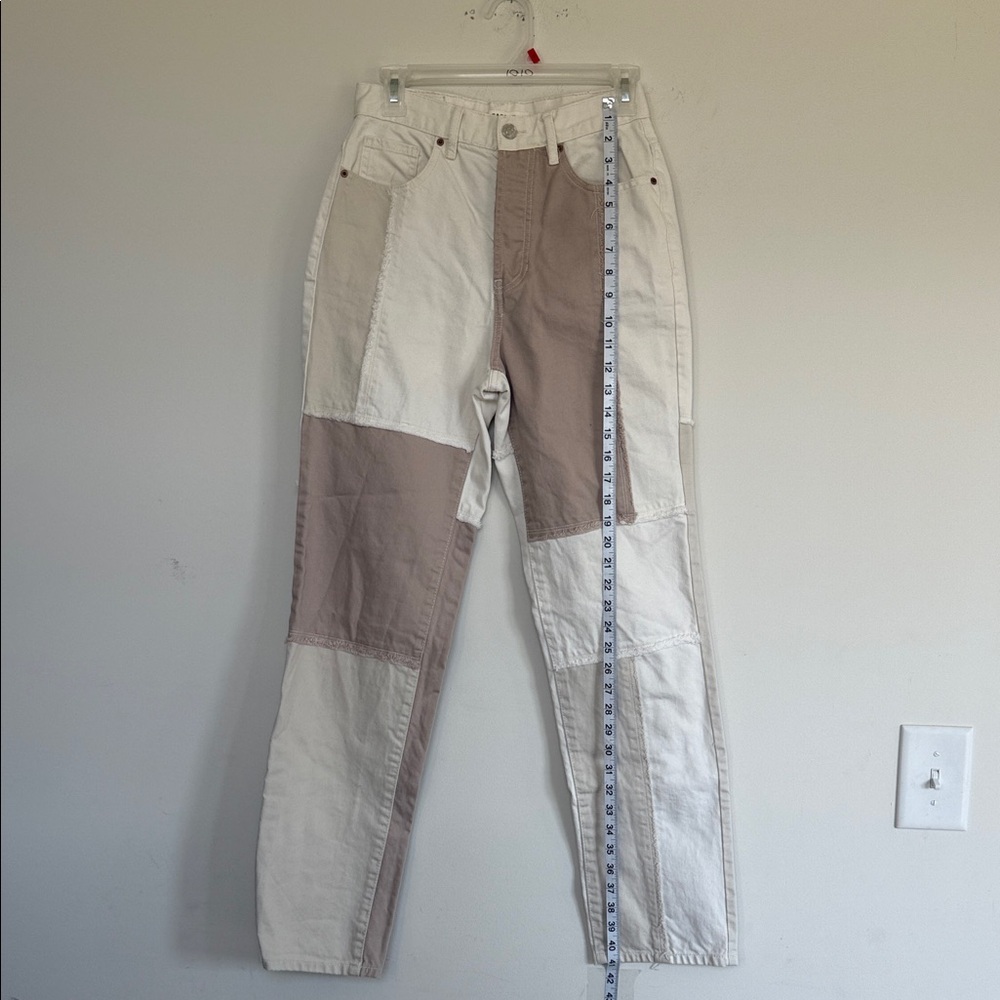 PacSun Women's Patchwork Straight Leg Jeans - Cream and Brown - Picture 3 of 11